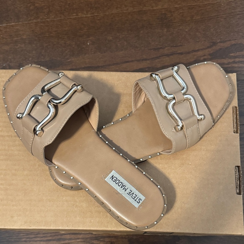 Steve Madden Beige/Tan Slide Sandals with Silver Hardware